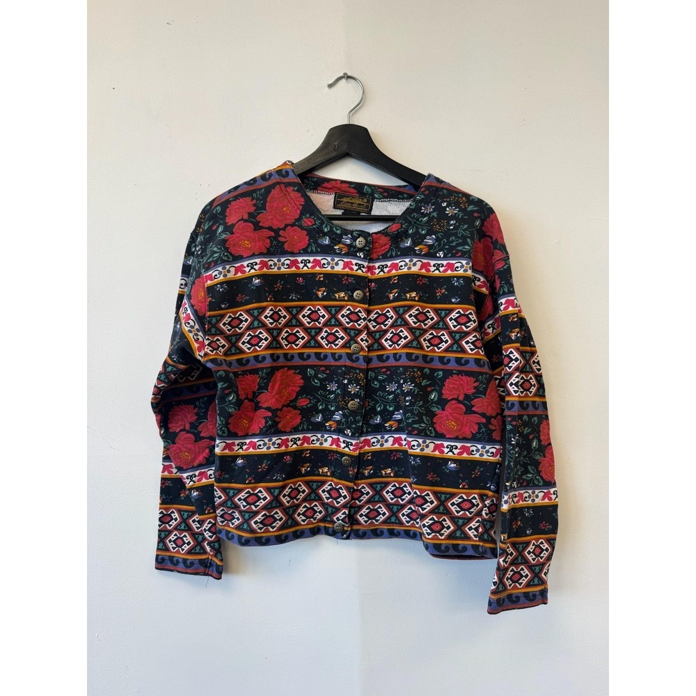 Vintage Eddie Bauer Sweater Womens Medium Floral Aztec Cardigan‎ Jacket 90s